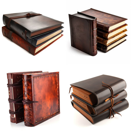Collection of leather books isolated on white background. 3d render. AI generated.の素材