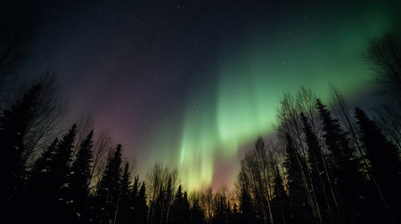 Northern lights, Aurora borealis, northern lights in the winter forest. AI generated.の素材