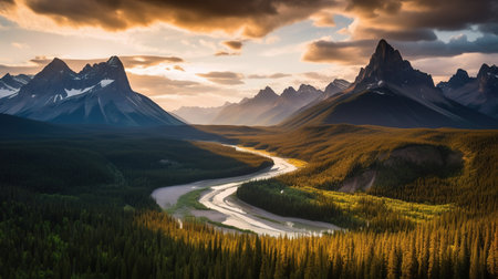 Panoramic view the river and mountains at sunset AI-generated.の素材