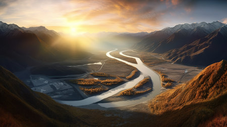 Beautiful panoramic view of mountains at sunset. 3d rendering AI-generated.の素材