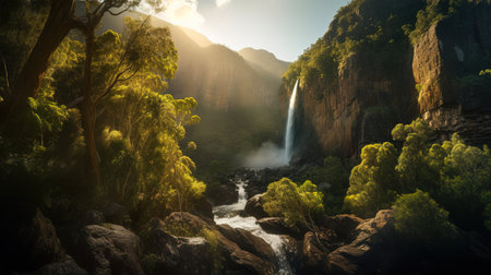 Waterfall in the forest among the mountain range at sunset. AI-generated.の素材