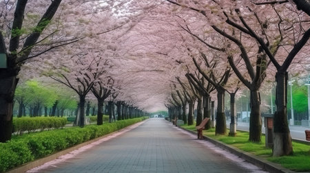 Cherry blossoms along the road in the park, Tokyo, Japan AI generatedの素材