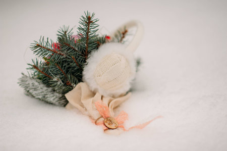 wedding bouquet of red flowers lying in the snowの写真素材