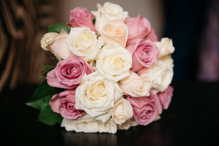 beautiful, fresh bridal bouquet of white and pink rosesの写真素材