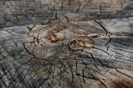Beautiful wedding rings on wooden background, a stumpの写真素材