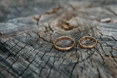 Beautiful wedding rings on wooden background, a stumpの写真素材