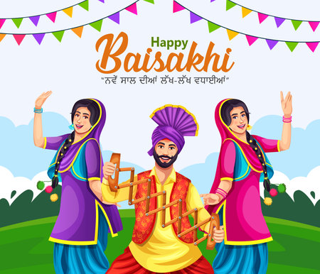 illustration of Happy Baisakhi and new year celebration background and typography for Punjabi festival.のイラスト素材