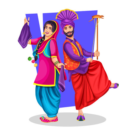 Dancing Punjabi couple doing Bhangra vector illustration. Performing Punjabi Folk Dance.のイラスト素材
