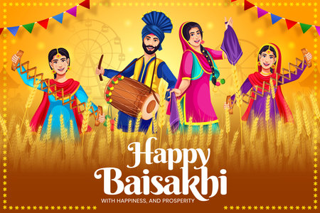 Happy Baisakhi festival background banner. Group of people doing the traditional Bhangra dance. Punjabi dancing characters vector illustration.のイラスト素材