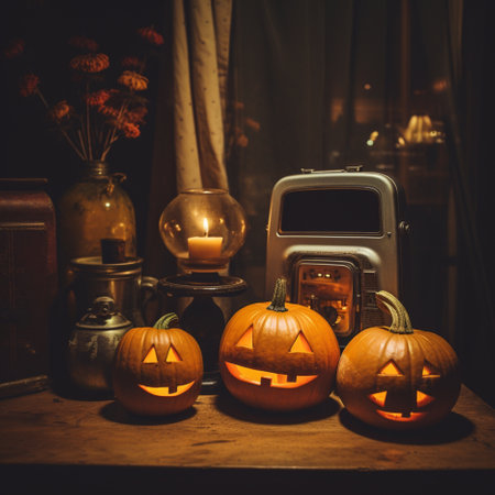 Halloween pumpkins with candles and candlestick in dark roomの素材