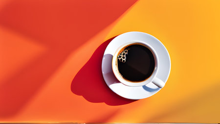 Cup of coffee on orange background. Top view, flat layの素材