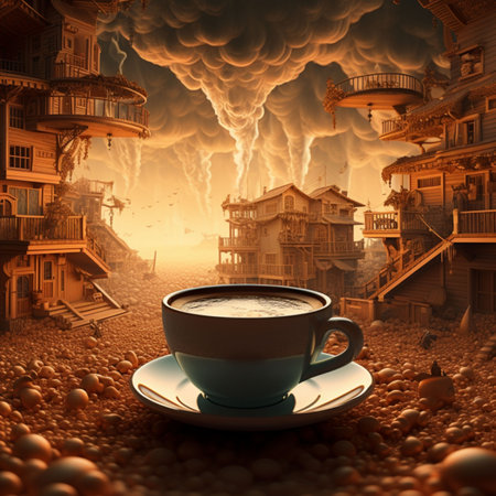 Cup of coffee on the background of a destroyed city. 3D renderingの素材