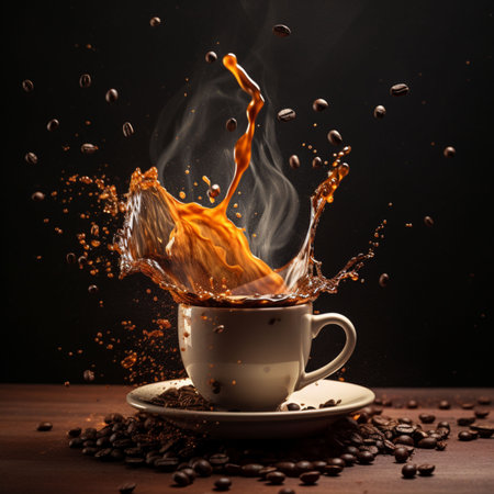 Coffee splash out of coffee cup on wooden table and black backgroundの素材