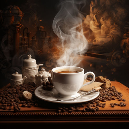 Coffee in a cup and saucer on a wooden tableの素材
