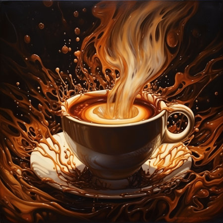 Cup of coffee with splashes on a black background, illustrationの素材