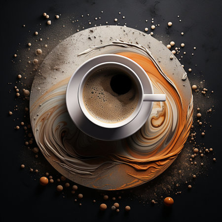 Cup of coffee on abstract background. 3D illustration. Top view.の素材