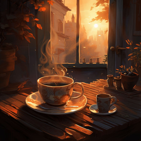 Cup of coffee on a wooden table near the window at sunsetの素材