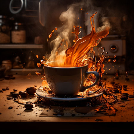 Cup of hot coffee on the kitchen table with fire and smokeの素材