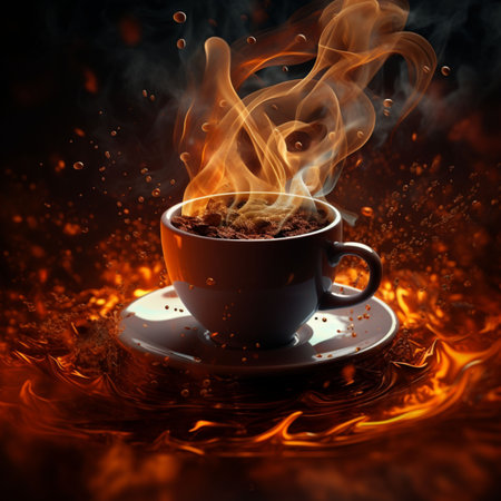 Hot coffee cup with smoke and fire on a dark background, close-upの素材