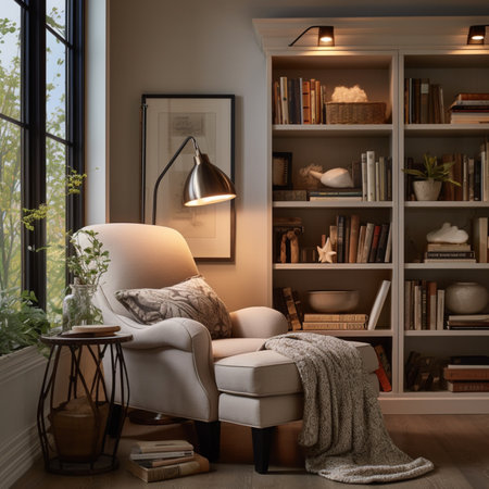 Cozy living room interior with armchair and bookshelf. 3d renderの素材
