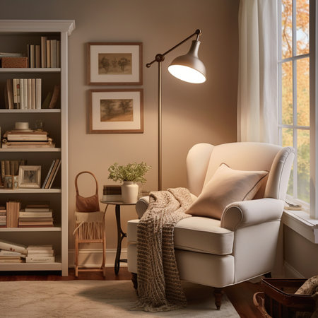 Cozy living room interior with armchair, bookcase and lampの素材