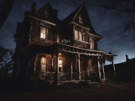 Old house in the dark at night. Vintage style. Toned.の素材