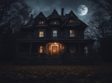 Halloween night scene with haunted house and full moon. 3d renderingの素材