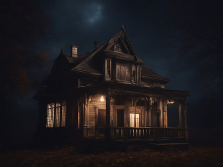Old wooden house in the forest at night. Halloween concept. 3D Renderingの素材