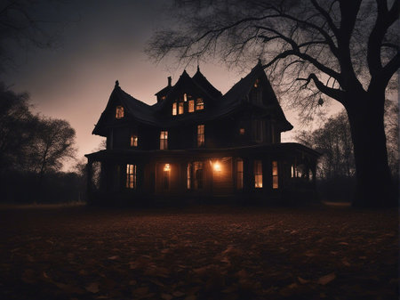 Old wooden house in the forest at night with fog. Halloween conceptの素材