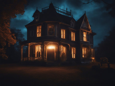 Old house in the forest at night. Halloween concept. 3D Renderingの素材