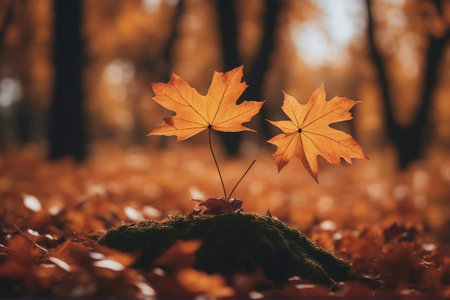 Two maple leaves on moss in autumn forest. Fall season concept.の素材