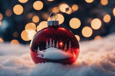 Christmas bauble on snow with Christmas tree and bokeh backgroundの素材