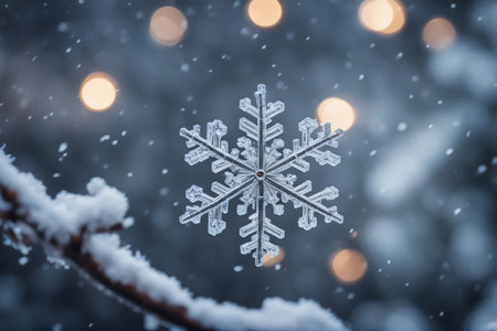snowflakes on the branches of a tree in the snowの素材