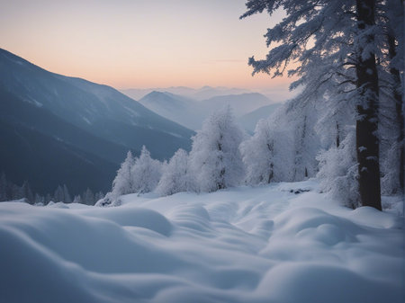 Beautiful winter landscape with snow covered fir trees in mountains at sunsetの素材