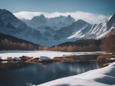 Beautiful winter landscape with snow covered mountains and lake in the mountainsの素材