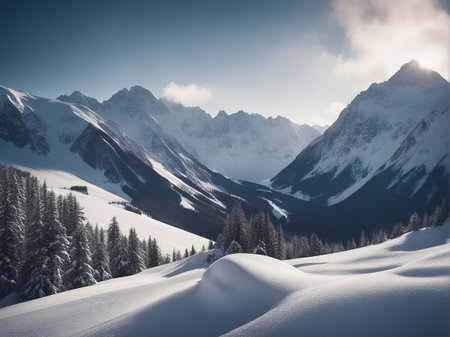 Winter mountains panorama with snow covered fir trees and blue sky with cloudsの素材
