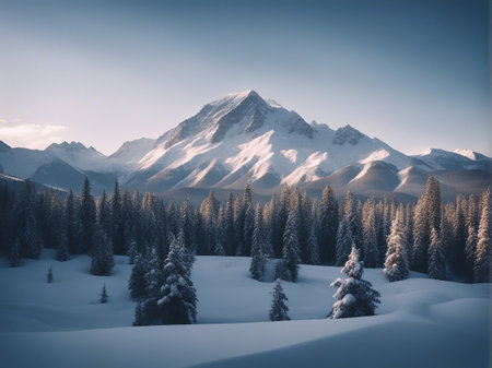 Snowy winter mountain landscape with fir trees on slope ( Filtered image processed vintage effect. )の素材