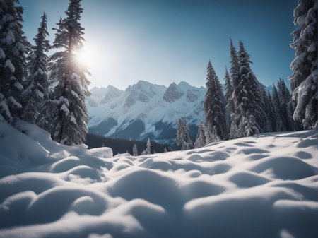Beautiful winter landscape with snow covered fir trees and mountains in the backgroundの素材