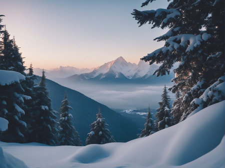 Beautiful winter landscape with snow covered fir trees in the mountains.の素材