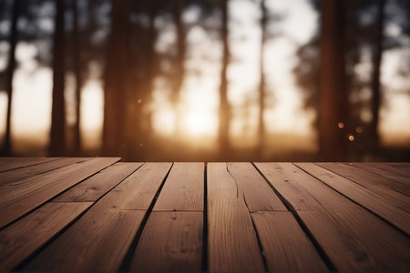 Wooden table in the forest on a sunset background. Selective focus.の素材