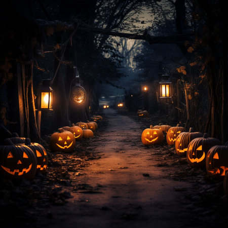 Halloween pumpkin lanterns in the dark forest at night with fogの素材