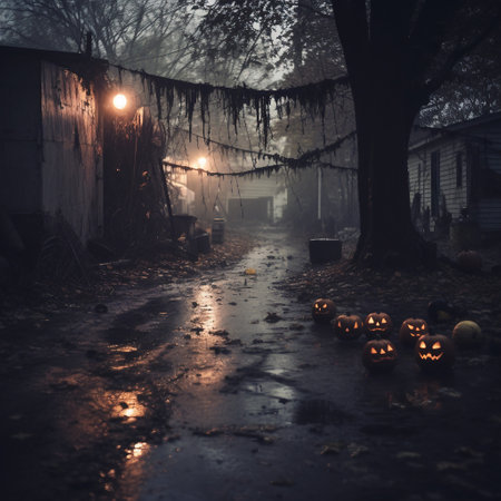 Halloween pumpkin lanterns in a foggy street at night.の素材