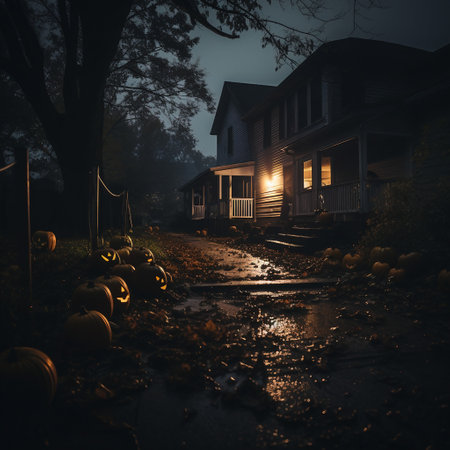 Halloween night with pumpkins in front of a wooden house.の素材