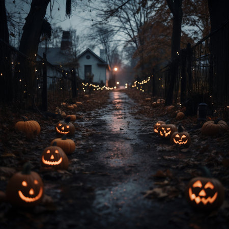 Halloween background with pumpkins in the forest at night. Halloween conceptの素材