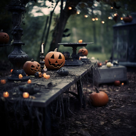 Halloween background with pumpkins, candlestick and lanternsの素材