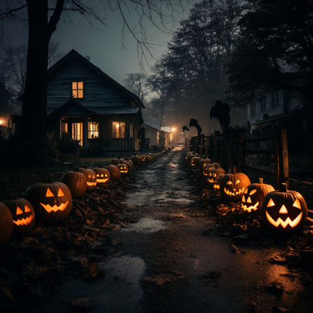 Halloween pumpkins in front of old wooden house in foggy nightの素材