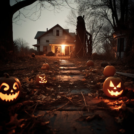 Halloween pumpkins in front of a haunted house in the forestの素材