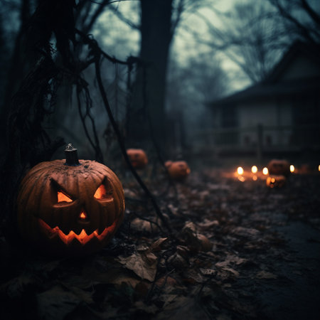 Halloween pumpkin head jack lantern in the forest at night. Scary halloween conceptの素材