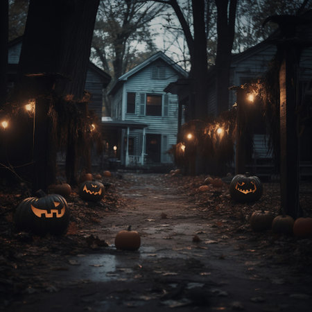 Halloween pumpkins in front of a haunted house in the forestの素材