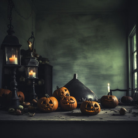 Halloween pumpkins in dark room with old lanterns and candlesの素材